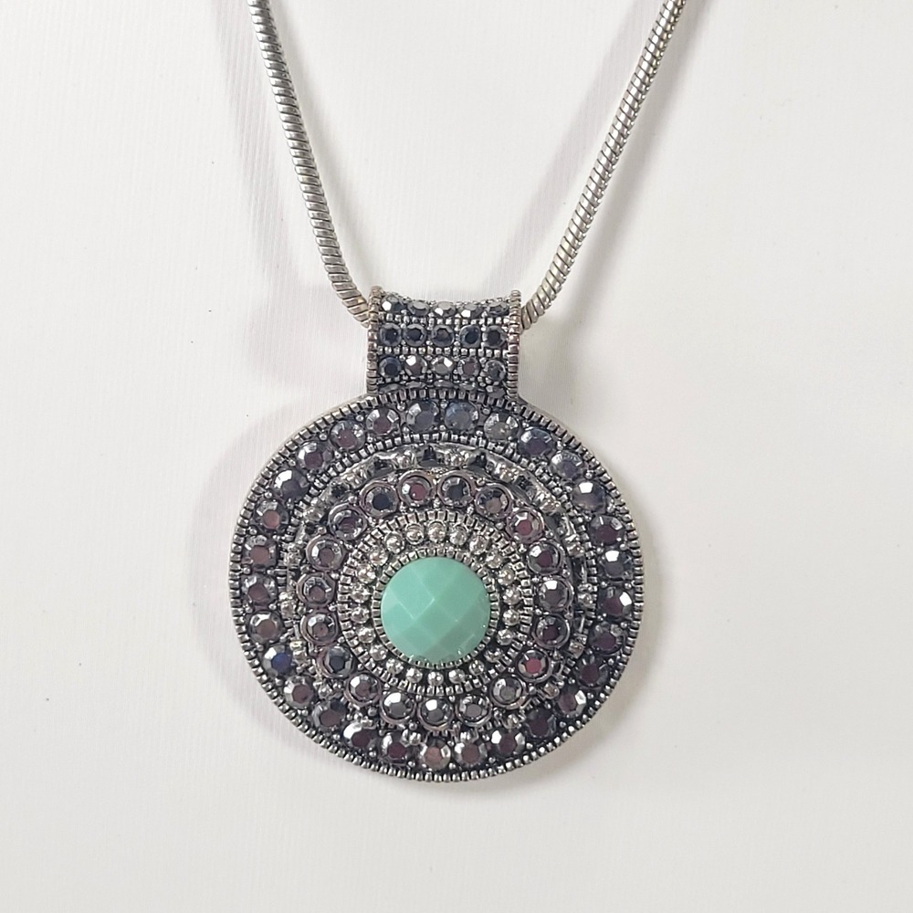 Trifari Pendant Necklace Womens Silver Marcasite Faux Turquoise Snake Chain